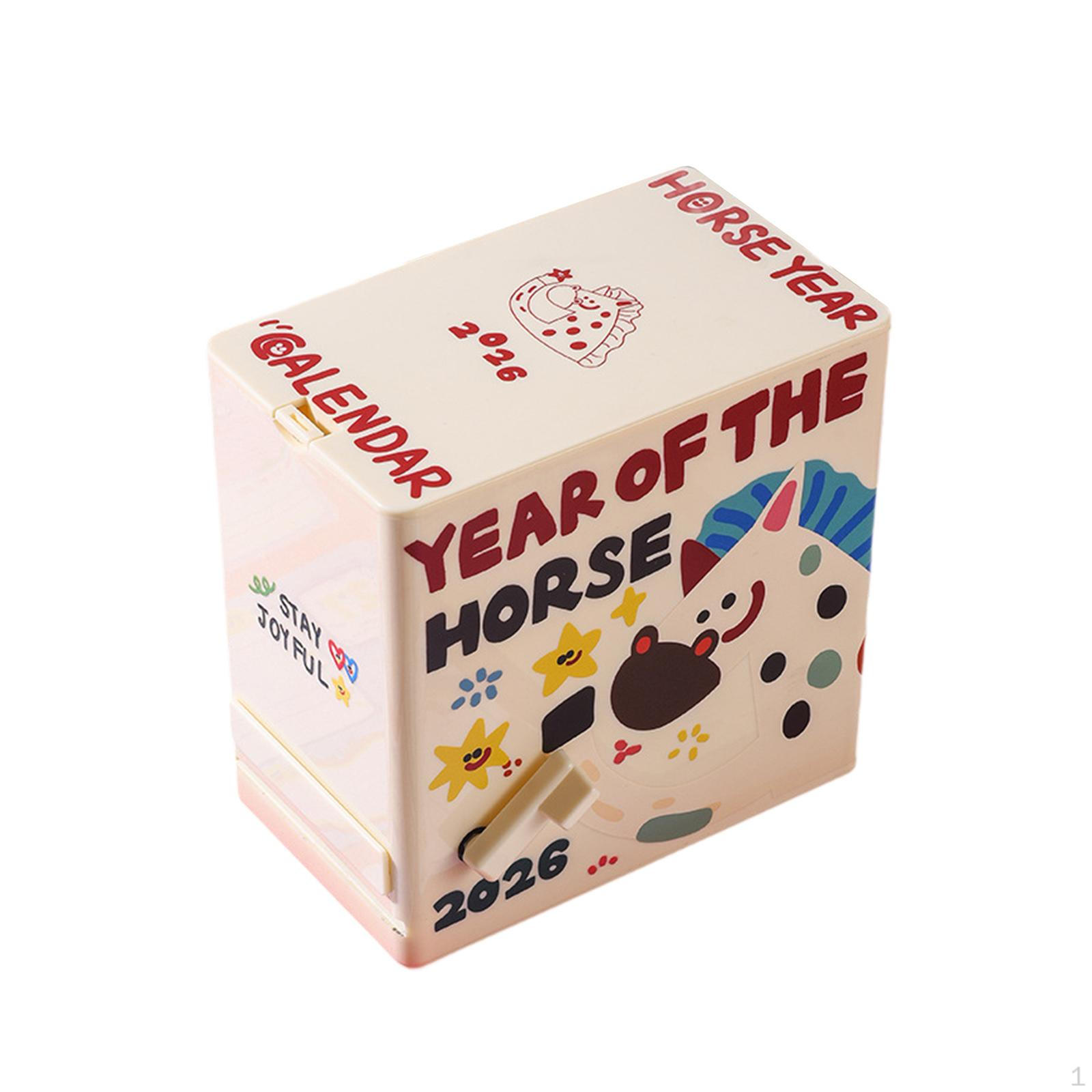 

Desk Calendar Hand Cranked Mechanical Year of Horse Monthly Planner PP Handmade Cartoon бежевий