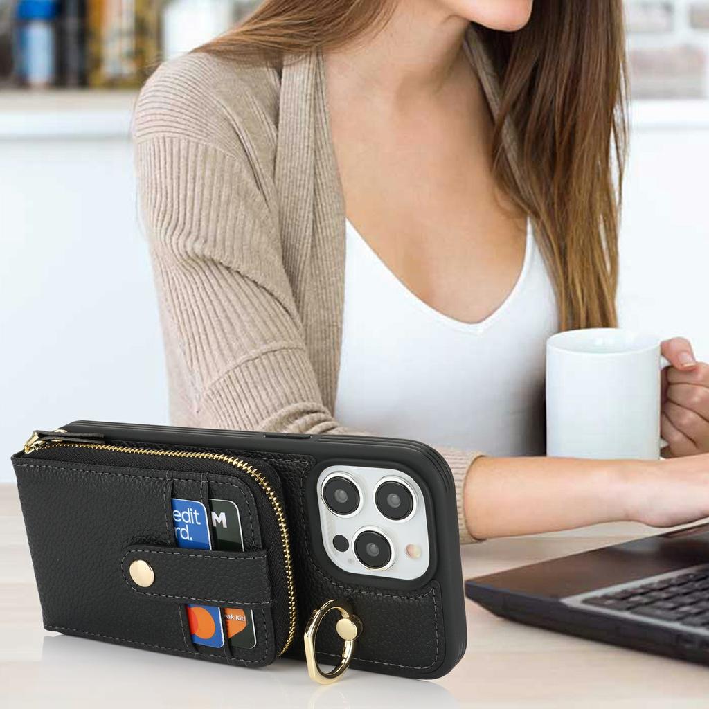 For iPhone 14 Pro Max Case with Zipper Pouch/Ring Kickstand/Strap Litchi Texture PU + TPU Phone Cover