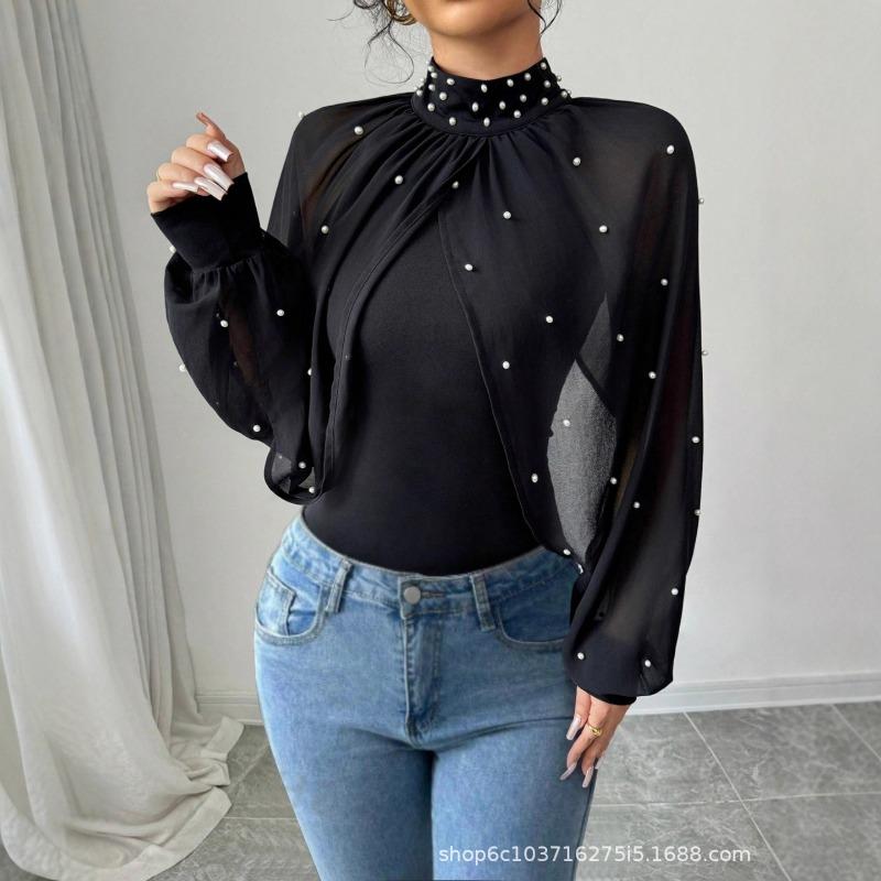 Новый осенний женский сетчатый топ с длинным рукавом-фонариком, украшенный бисером, облегающий S чёрный