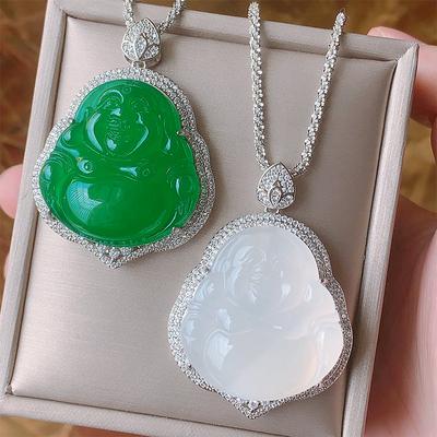 Schmuck Grüner Chalcedon Weißer Chalcedon Lachender Buddha Gong-Zubehör Maitreya-Artikel Halskette Anhänger