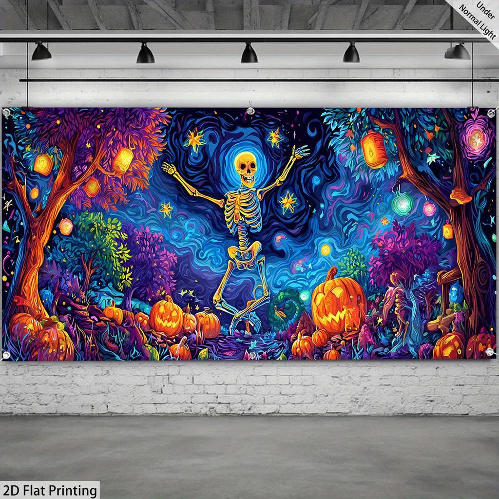 1PCS Halloween Garage Door Decoration - Luminous UV Effect - Super sized Horror Skull Party Scene with Pumpkin and Bat