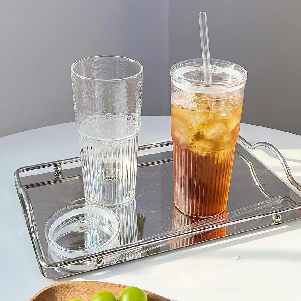 600ML Stripe Glass Cup With Lid and Straw Transparent Ice American Coffee Cup Summer Ice Drinking Cup Bubble Tea Cup Juice Glass