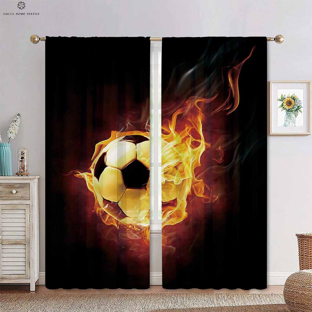 Football Rugby in Wasser und Feuer 3D-gedruckter Stangendurchzugsvorhang Schlafzimmer Wohnzimmer Küche Dekovorhang 2 Stück