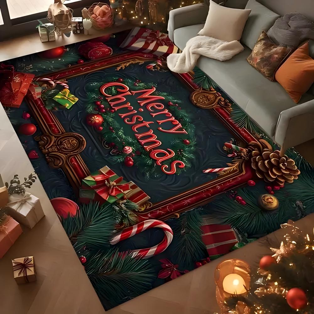 Christmas Tree Carpet Mat Rug with Poinsettia Gold Ornaments Gift Box Candy Cane Merry Christmas Home Decoration Bedroom Decor