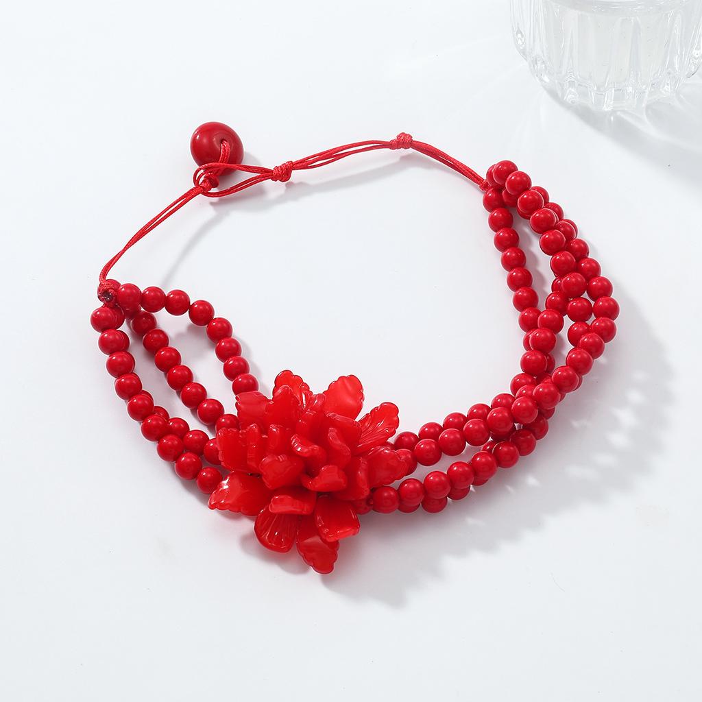 Women's Exaggerated European American Multi-Layer Bead Red Large Flower Necklace Simple Niche Design Jewelry Accessory