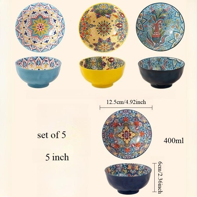 Bohemian Ceramic Bowl Set of 5 Colorful Floral Rice Noodle Soup Bowls for Kitchen Dining