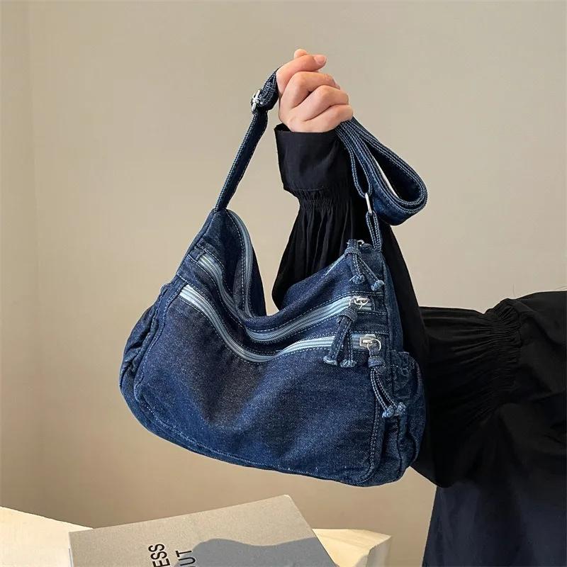 Džínová taška pro ženy, tašky tote, velká taška přes rameno s nastavitelným popruhem, elegantní crossbody nákupní taška na knihy, módní