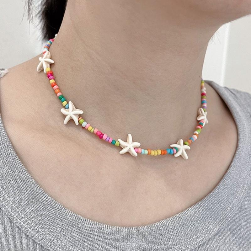 Elegant Turquoise Starfish Charm Necklace Adjustable Length Neckchain Fashionable Clavicle Chain Accessory for Ladies