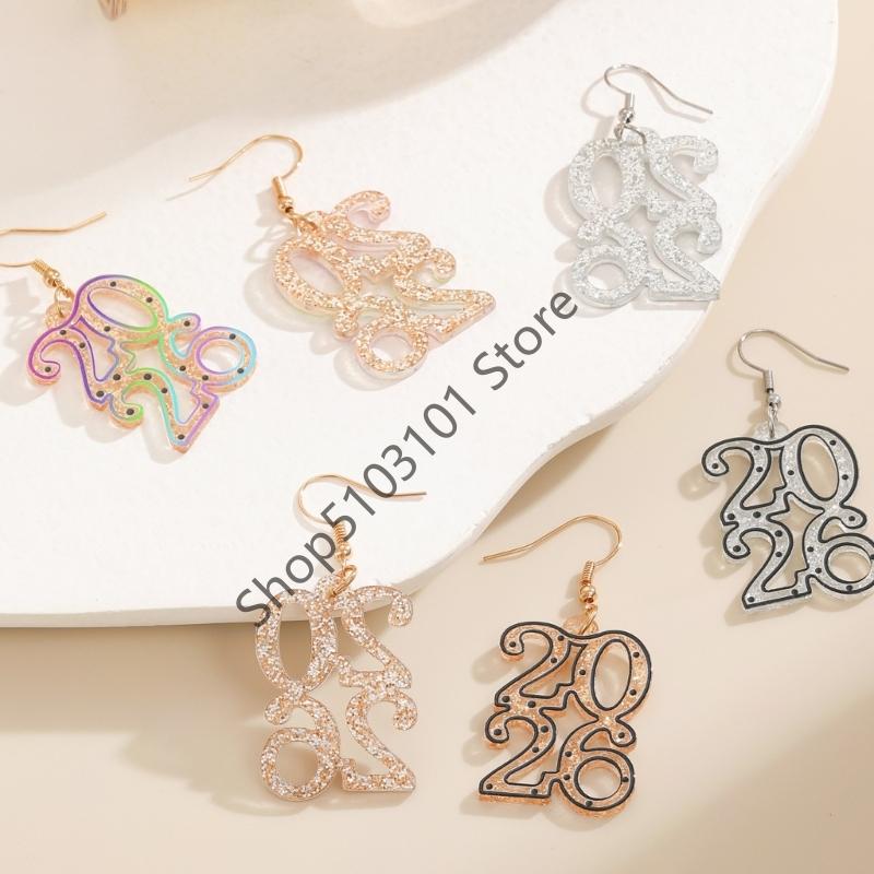 Minimalist New Year 2026 Earrings Hollow Out Metal Pendant Drop Earrings For Women Men New Year Jewelry Gifts