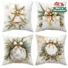 Rustic Farmhouse Christmas Pillow Covers 4Pcs, Wreath Bells Gift Pinecone Print, Zippered Machine Washable For Sofa Decor