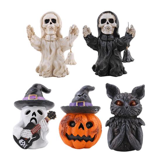 Small Halloween Statues for Shelves Resin Figurine, Spooky Skeleton Pumpkin Ghost Statue Home Accents Tiered Tray, Tabletop, Shelf, Indoor Kitchen