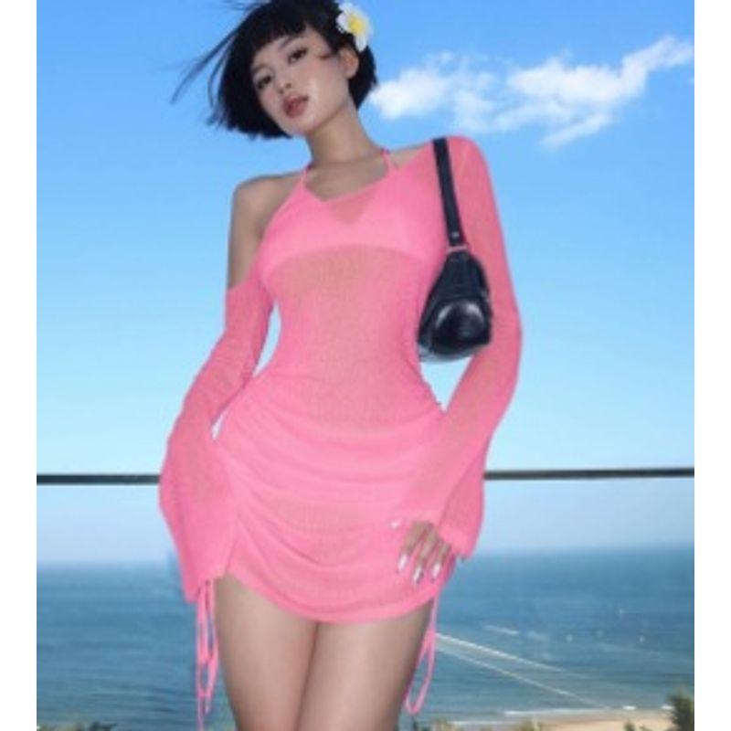 

Seaside Dress European Style Fashion Sexy Hollow out See-through Diagonal Collar Seaside Beach Sheath Dress Pink L