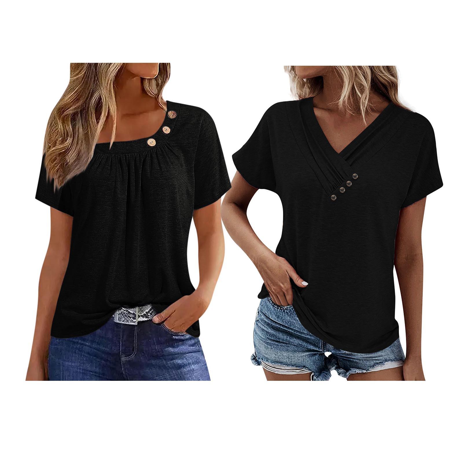 

Summer Tops For Women Solid Color For Women V-Neck Short Sleeve Comfy Womens Tops Oversized Tshirts One Size чёрный