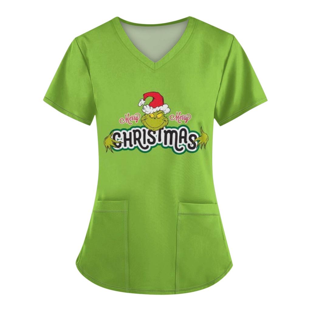 Women's Fashion Printed Short Sleeve V Neck Pattern Tops Pocket Working T-shirts