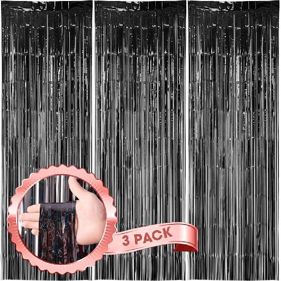 3 Pack 3.3x8.2 Feet Gold Foil Fringe Backdrop Curtains, Tinsel Streamers, Fringe Backdrop for 2025 New Years Eve, Graduation, Birthday, Baby Shower,