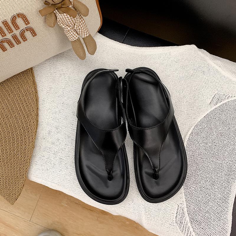 Cowhide version, minimalist temperament flip-flops retro toe flat bottom niche Roman style sandals women's summer new models
