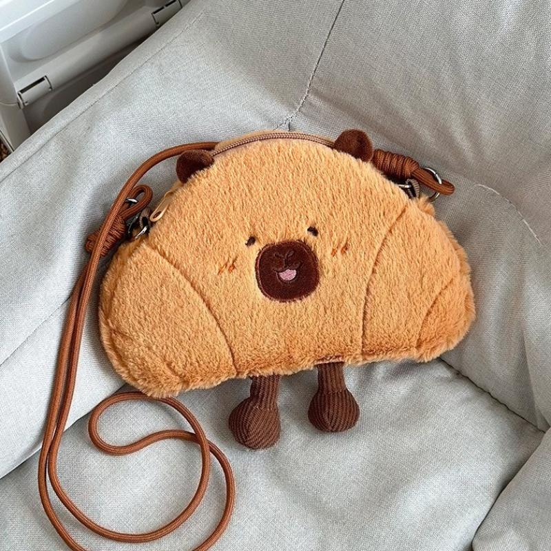 Croissant Capybara Plush Crossbody Bag Cartoon Kawaii Bread Capibara Soft Large Capacity Shoulder Bag Woman Bag Birthday Gift