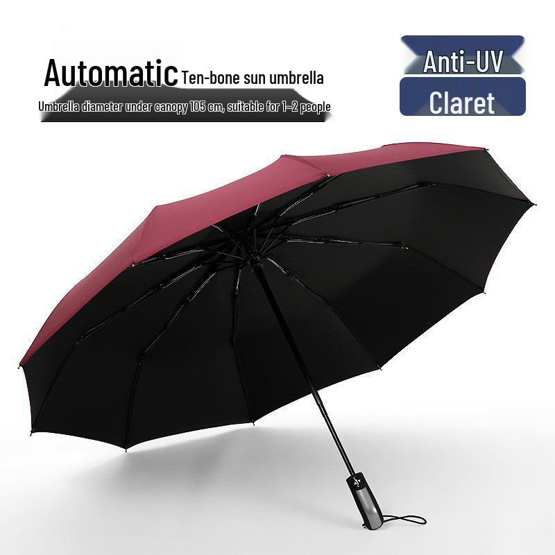 Ten-Bone Automatic XL Sunshade Umbrella: Dual-Use, Rain or Shine, Folding Sun Umbrella with Black Glue Coating.