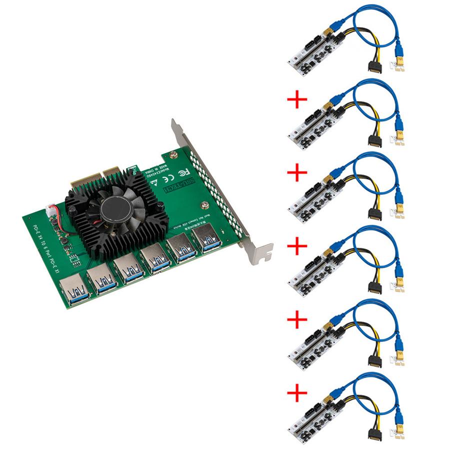 6pcs PCI-E Express 1x To 16x Riser 010 Card Adapter PCIE 1 To 6 4 Slot PCIe Port Multiplier Card for BTC Bitcoin Miner Mining