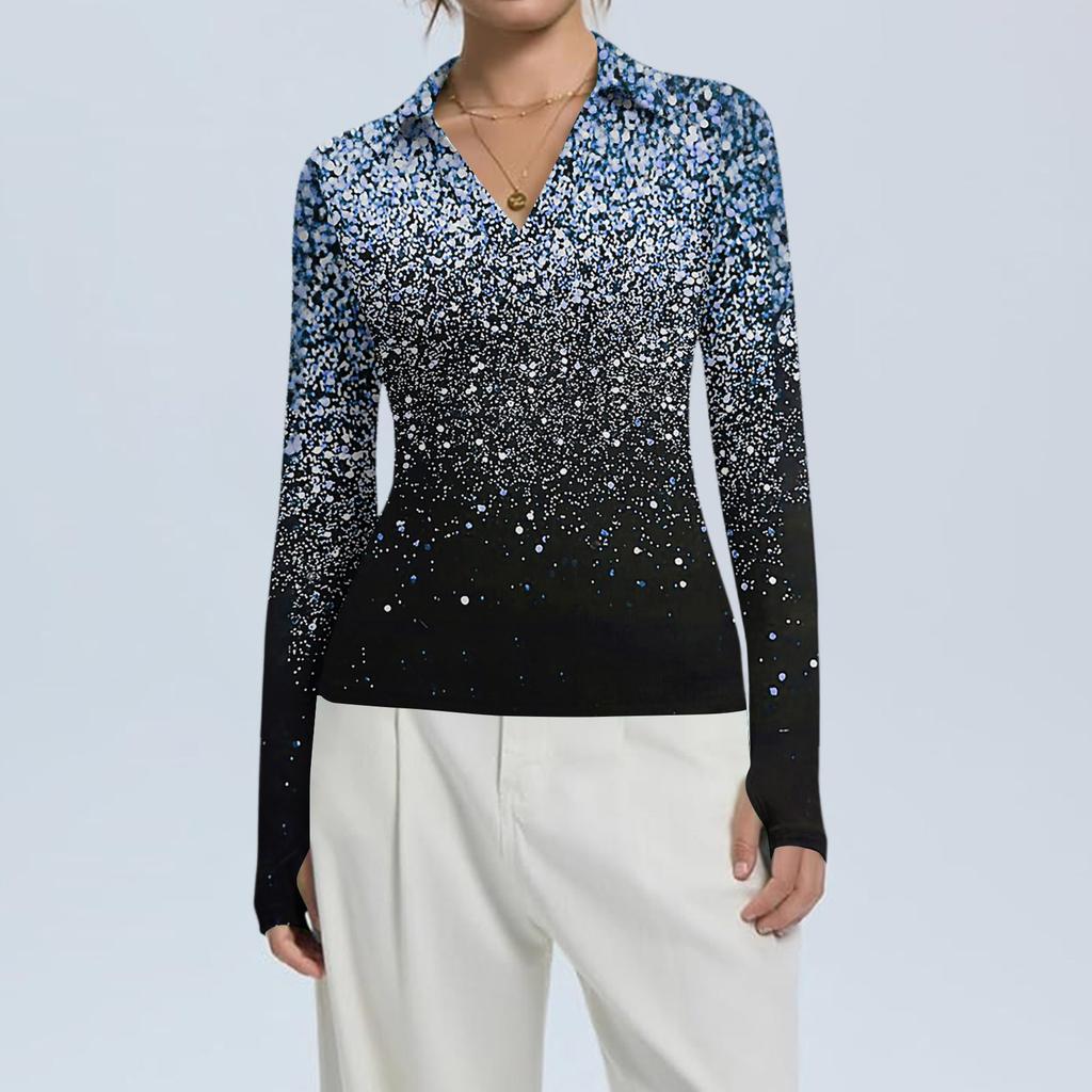 Haut pour femme à la mode et décontracté, imprimé, col en V, manches longues, boutonnage sur le devant
