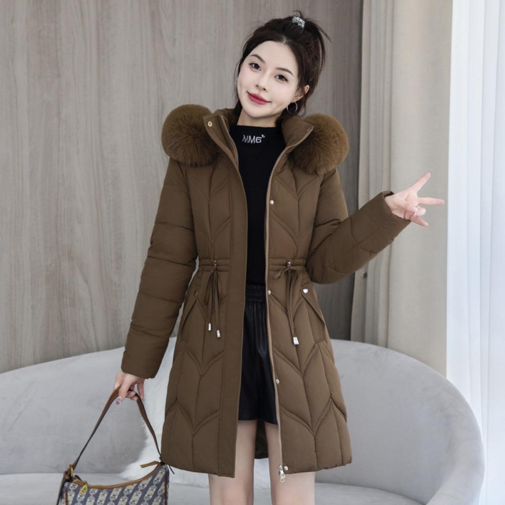 Mid-length cotton-padded jacket with a live cap for middle-aged people, slimming and thickening