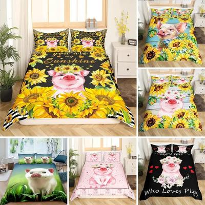 Rosa Schwein Bettbezug King Queen Größe Cartoon Bauernhoftier Bettwäsche-Set für Kinder Gelbe Sonnenblumen Polyester Bettdeckenbezug
