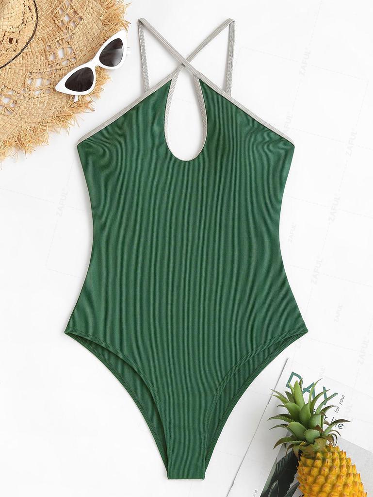 ZAFUL Ribbed Keyhole Binding Cross One-piece Swimsuit