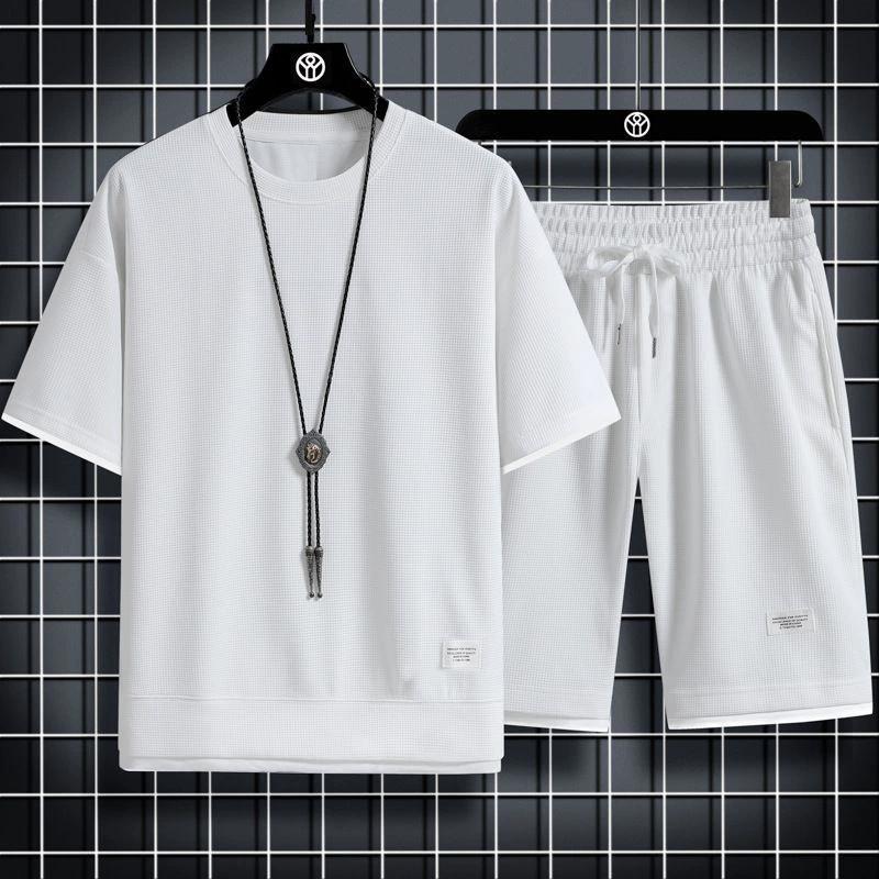 Summer Men's Waffle Sets Casual T-Shirt and Shorts Set Male Sports Suit Solid Color Tracksuit Loose Suits