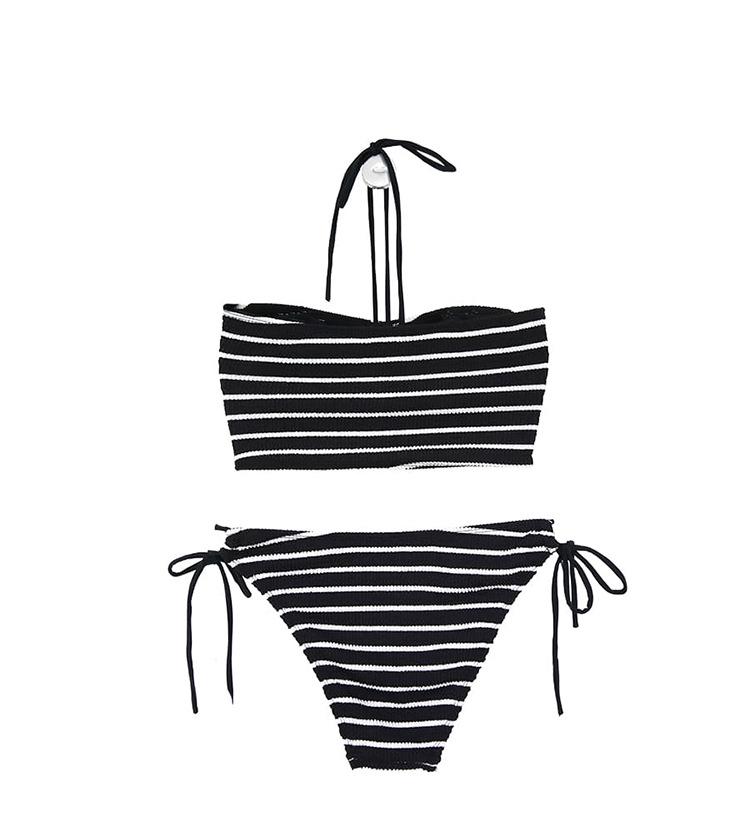 Costum de baie bikini coreean de lux cu dungi, fără bretele, cu șnur și crăpătură, pentru femei