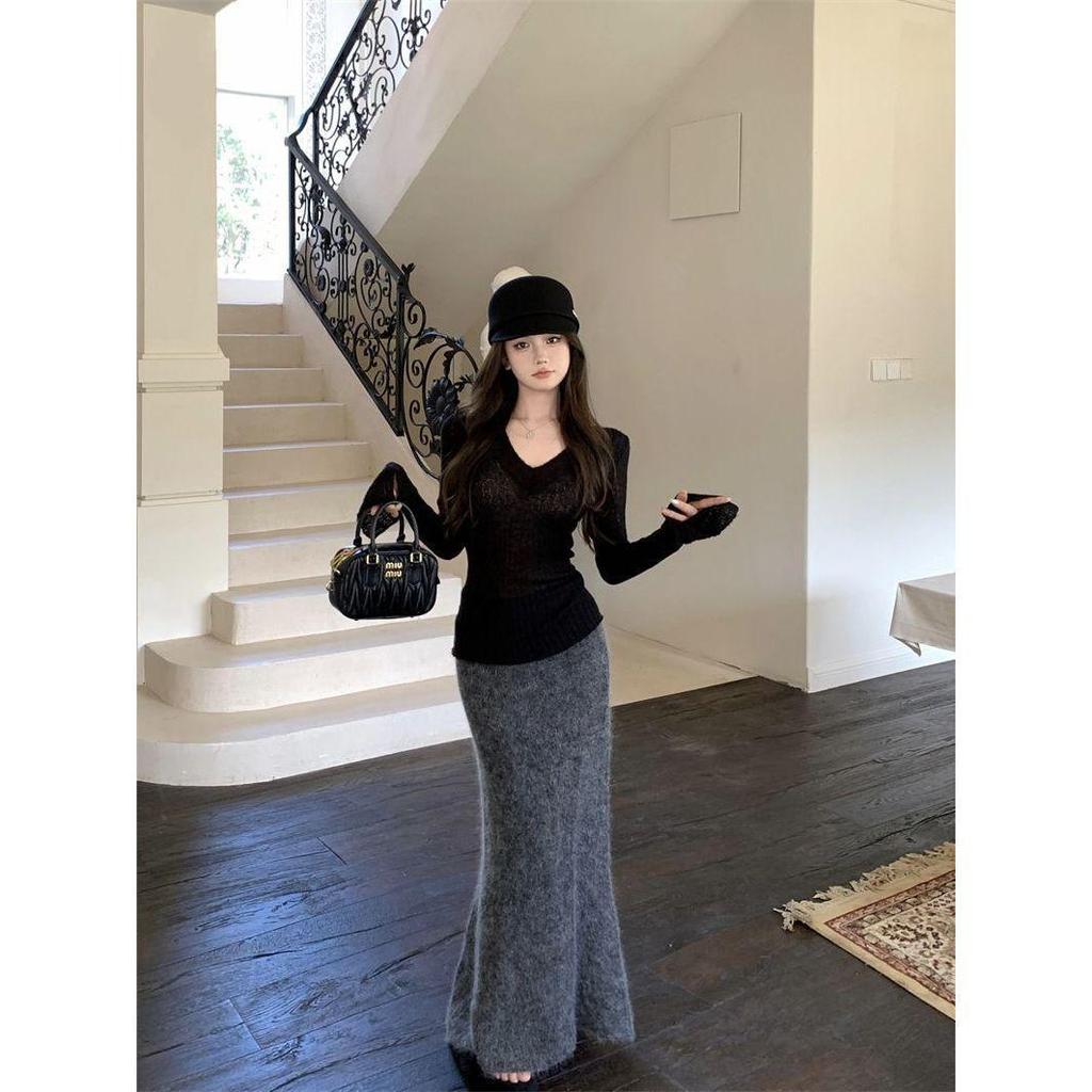 Pure Desire Vibe Sexy V-Ausschnitt Damen Strickoberteil mit ausgestellten Ärmeln - Herbst Winter Y2K Stil Pullover