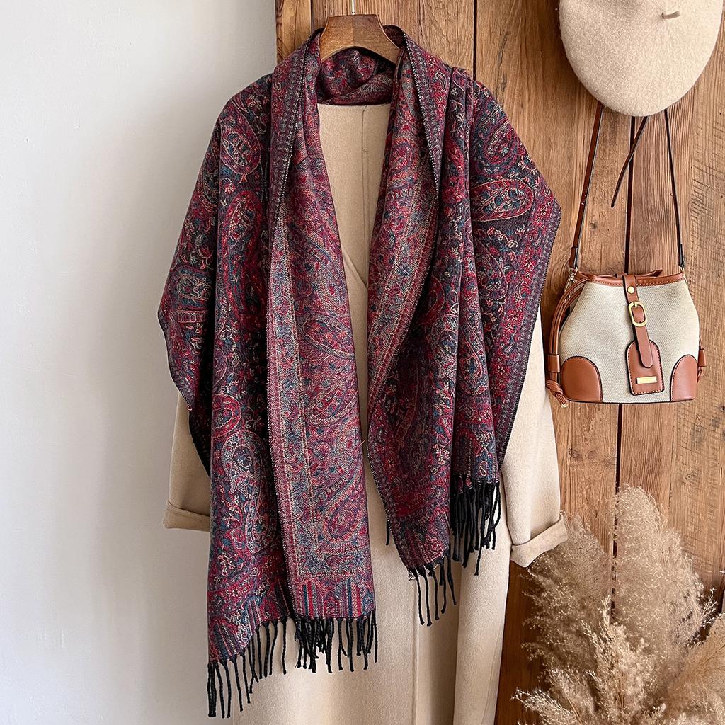 Fashion Women'S Cashmere Winter Shawl - Vintage Oil Painting Floral Printed Tasseled Pashmina Thick Wrap & Echarpe Poncho
