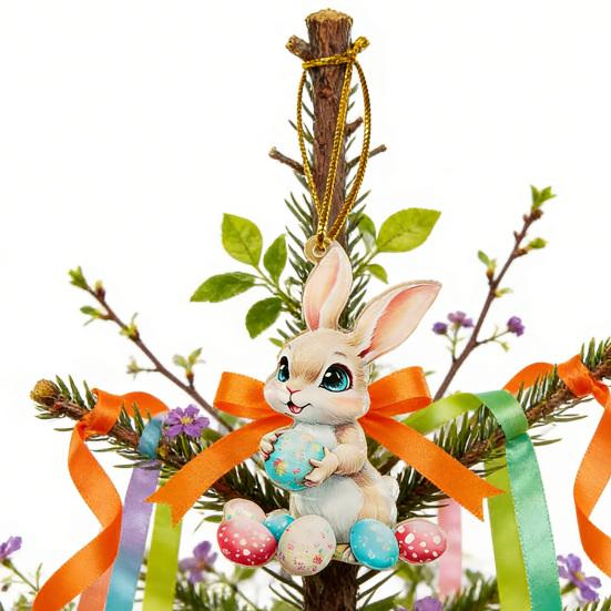 Easter Bunny Ornament 2D Flat Acrylic Bunny Car Rearview Mirror Charm Cartoon Bunny Egg Hanging Pendant for Home Car Window Backpack Holiday Decor