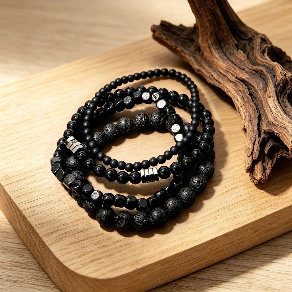 4 Pièces/Ensemble Pierre de Vésicule Biliaire Noire Pierre Volcanique Perles en Bois Combinaison Multicouche pour Hommes Bracelet Élastique Pour Couple Amis Bijoux