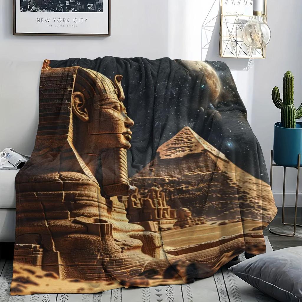 Majestic Pyramid and Sphinx Under Starry Sky Throw Blanket - Egyptian Landscape Animal Motif Cozy Soft Accent for Sofa BedTravel