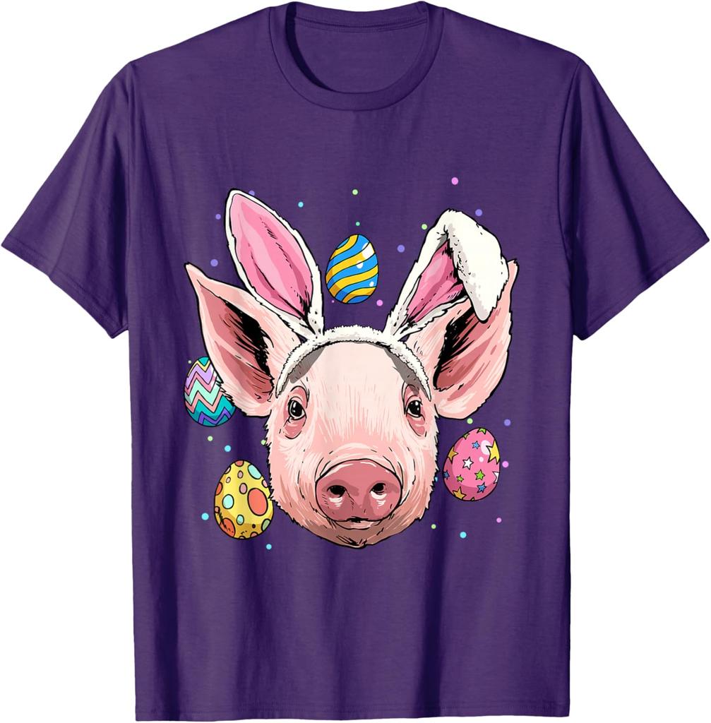 Lustiges Schwein mit Hasenohren Ostereier Grafik T-Shirt Lässiges Baumwoll Kurzarm-T-Shirt für Herren