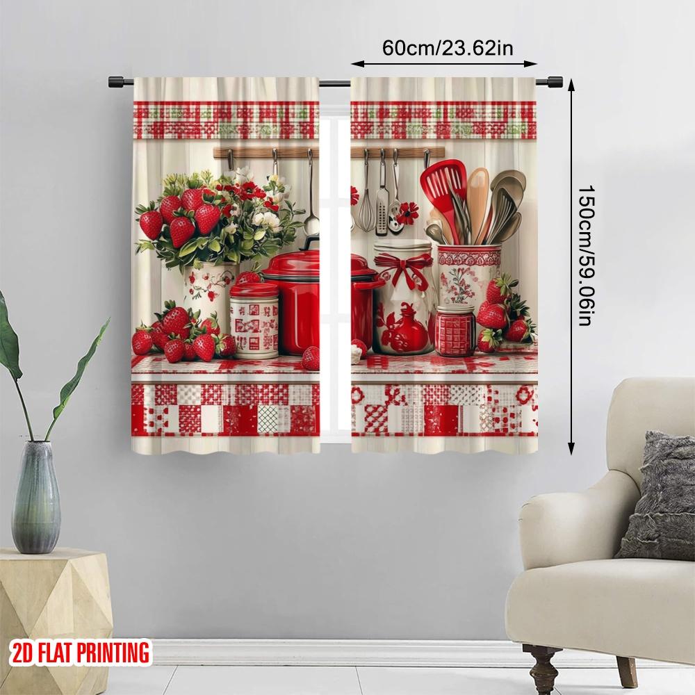 2pcs,2D Plane Printing Curtains Roller Blinds Strawberry Kitchen Durable 100% Polyester Fabric (without Rod) Decorations Inside