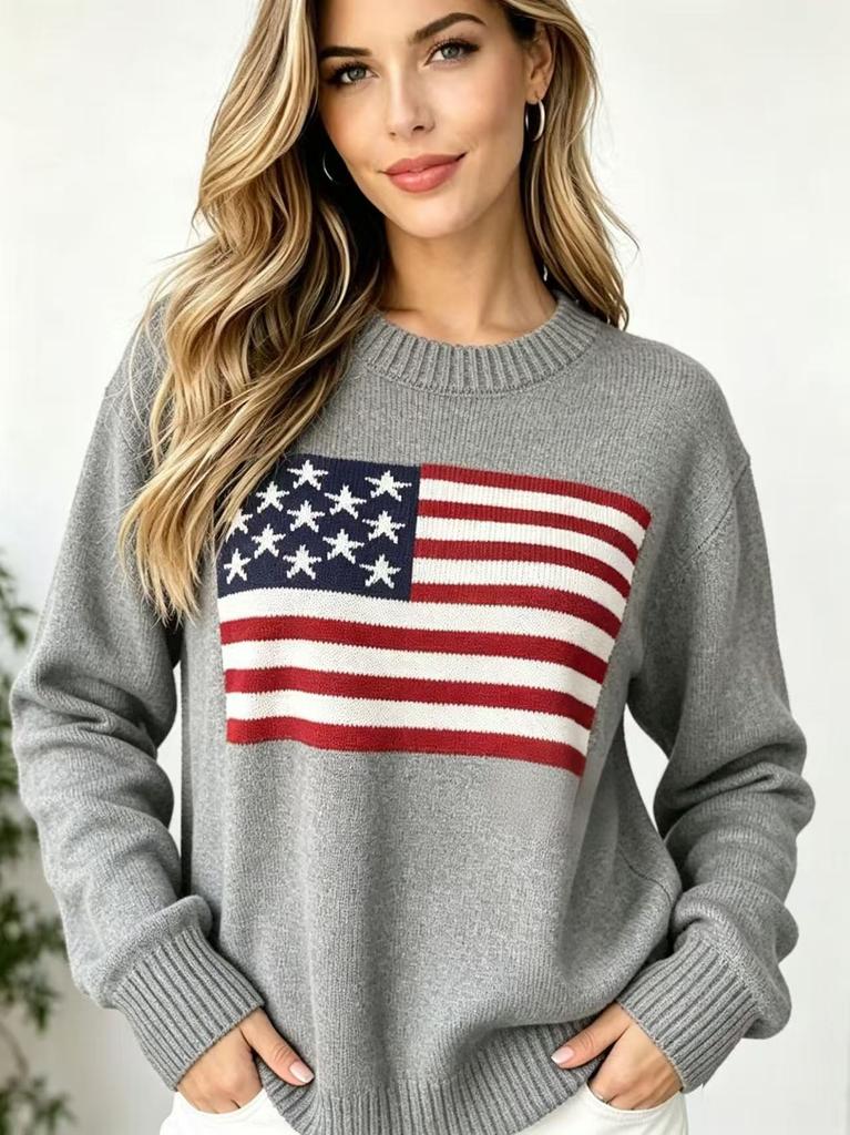 Spot Aesthetic Vintage Sweater Loose Flag Europe and America Easter Independence Day Amazon US Knitted Sweater