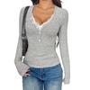 Spring New Women's Slim Fit Long Sleeve Ruffle Collar Base Layer Top Solid T-Shirt V-neck Button