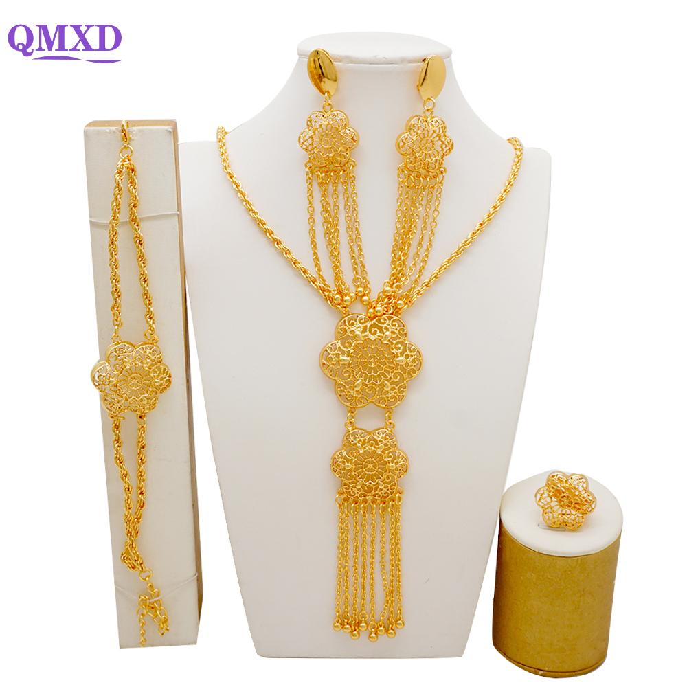 Set de bijuterii de culoare aurie din Dubai indian pentru femei Set de colier lung de mireasă, colier nigerian, bratara, cercei, seturi de inele