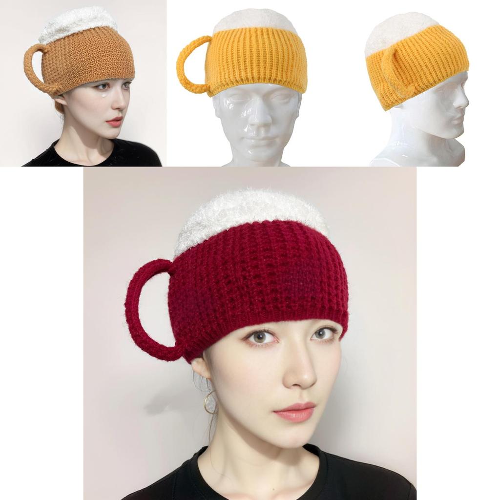 Trendy 3d Beer Cup Knitted Beanie Hat For Winter Warmth In Yellow Wine Red And Khaki