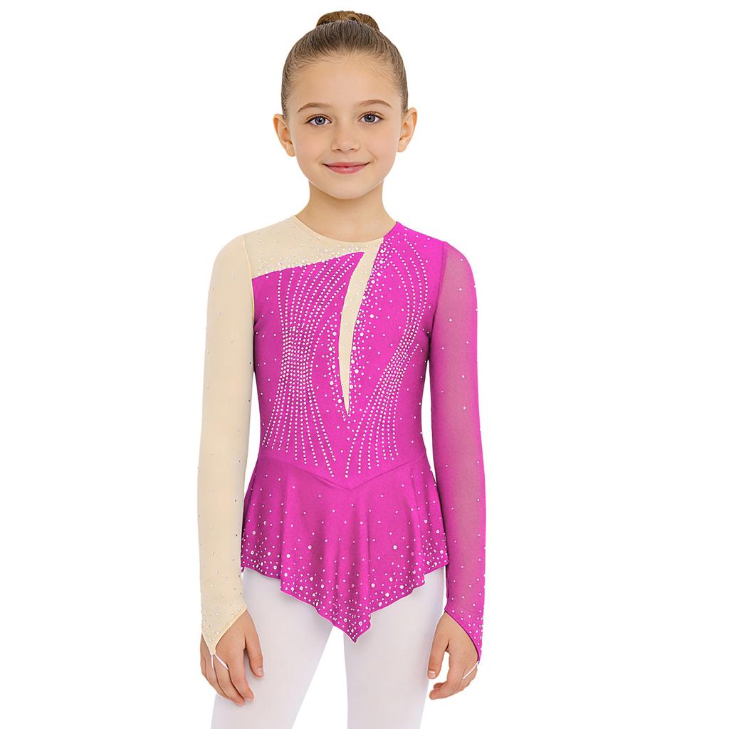 Girls Figure Skating Dance Dress: Long Sleeves Finger Holes Keyhole Back Mesh Patchwork Shiny Rhinestones Asymmetrical Hem