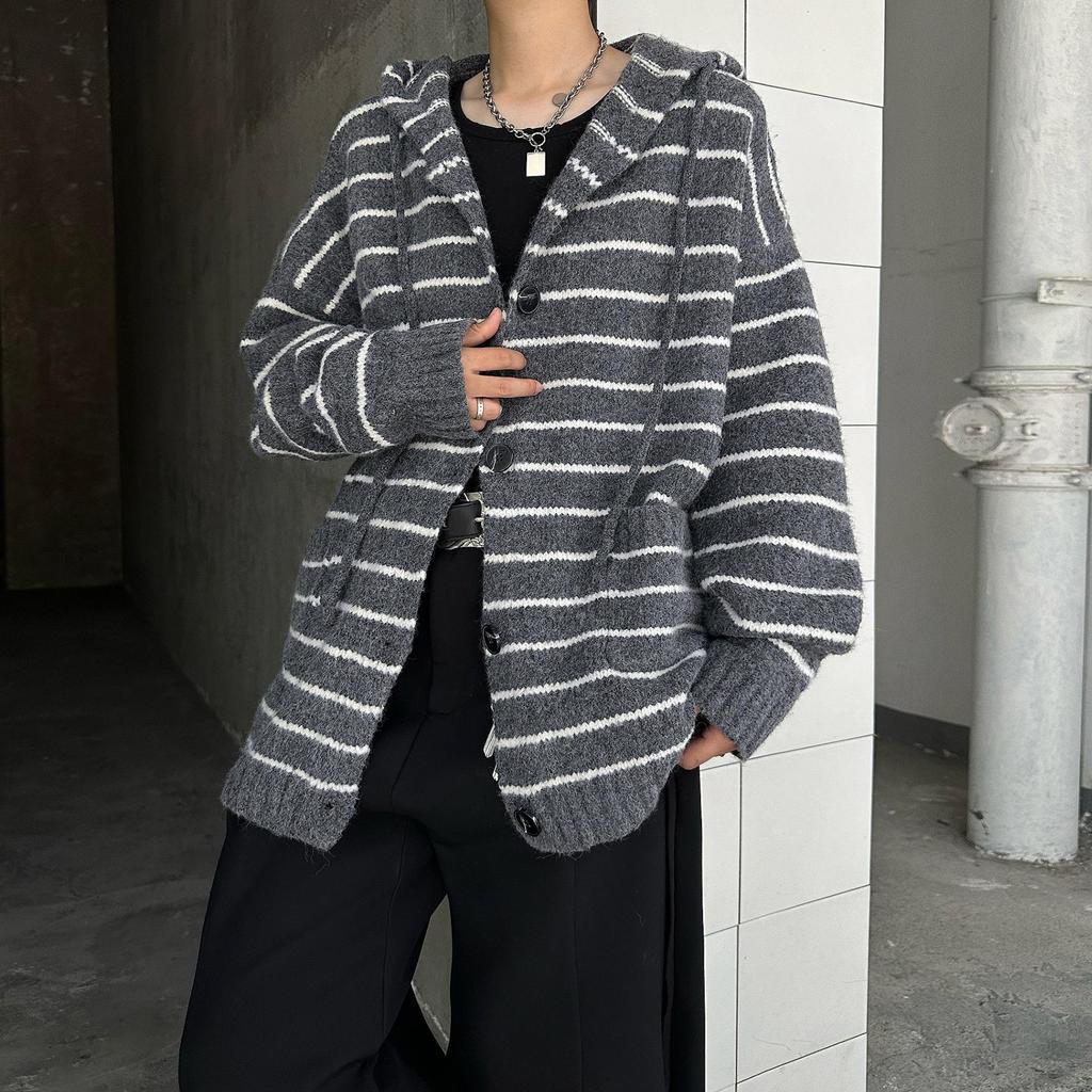 Unisex Retro Striped Color Block Hooded Cardigan Sweater