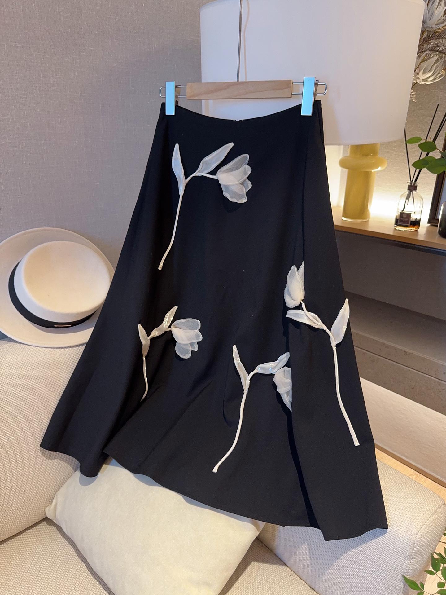 Французская Элегантная Юбка А-силуэта: Черная юбка-солнце с 3D-цветами Extra Large чёрный