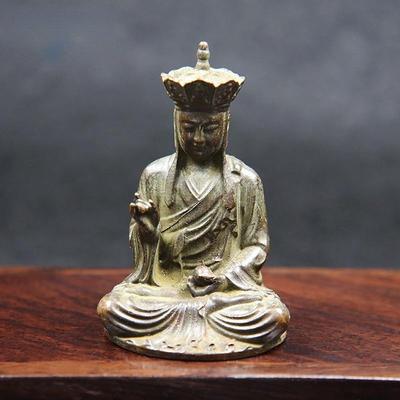 Antyczna Miedź Ksitigarbha Budda Mała Statuetka Ozdoba do Kultu na Biurko Vintage Szczęśliwe Dekoracje Domowe Rzemiosło Kolekcje Wiary