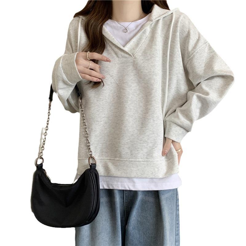 Women's Retro Patchwork Slimming Hoodie - Spring/Autumn Thin Loose Fake Two-Piece Design