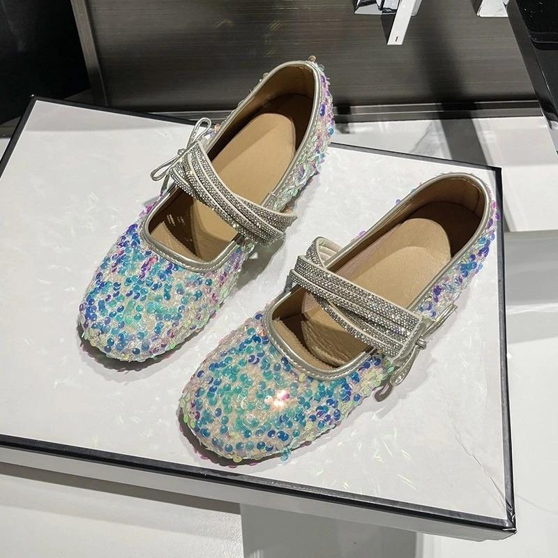 Fashion 2025 New French Mary Jane Shoes Women's Inside Heightening Rhinestone Sequin Mori Shoes