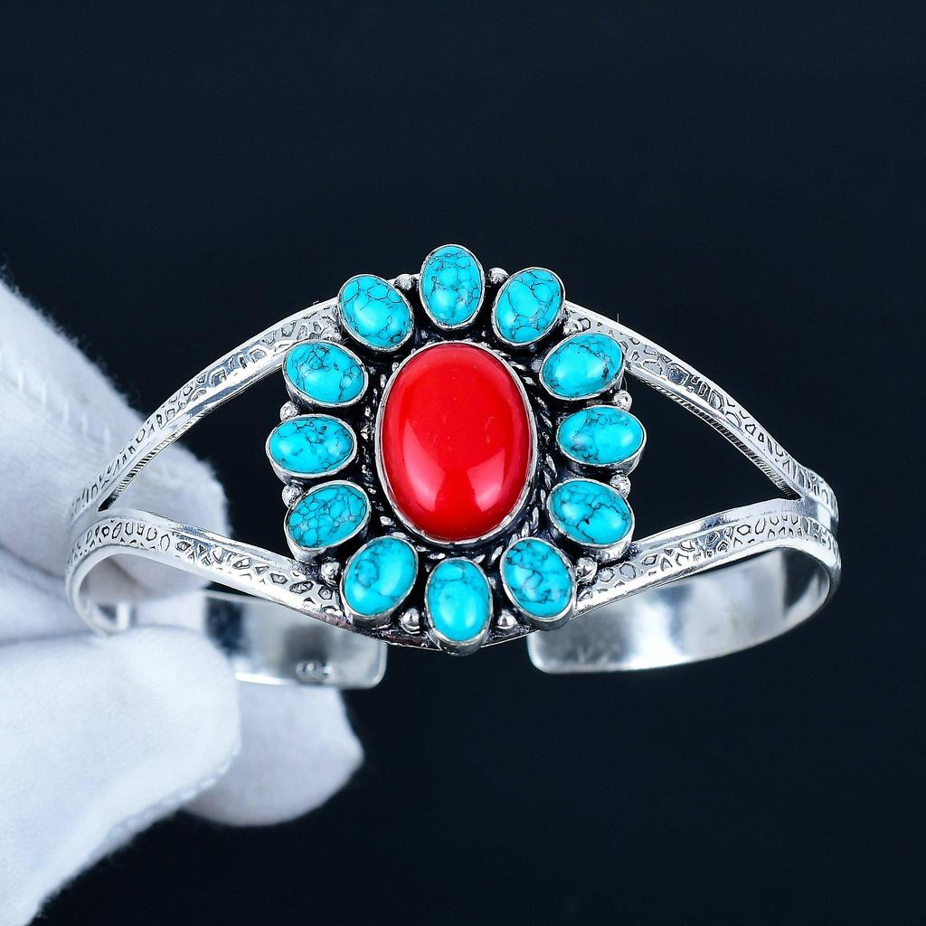 Bracelet Manchette Turquoise Pierre Précieuse Fait Main Argent Sterling 925, Bracelet Forme Fleur Corail Rouge Pour Épouse, Bracelet Unisexe