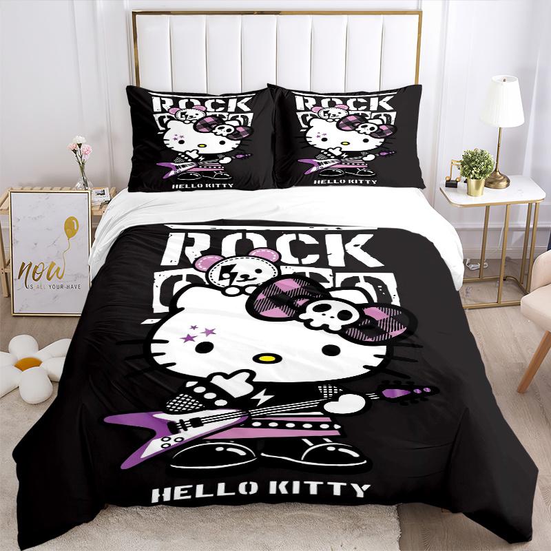 3pcs Cool Rock Hello Kitty Pattern Bedding Three-Piece Set (1 Cover + 2 Pillowcases, No Fillings), Soft and Comfortable W021