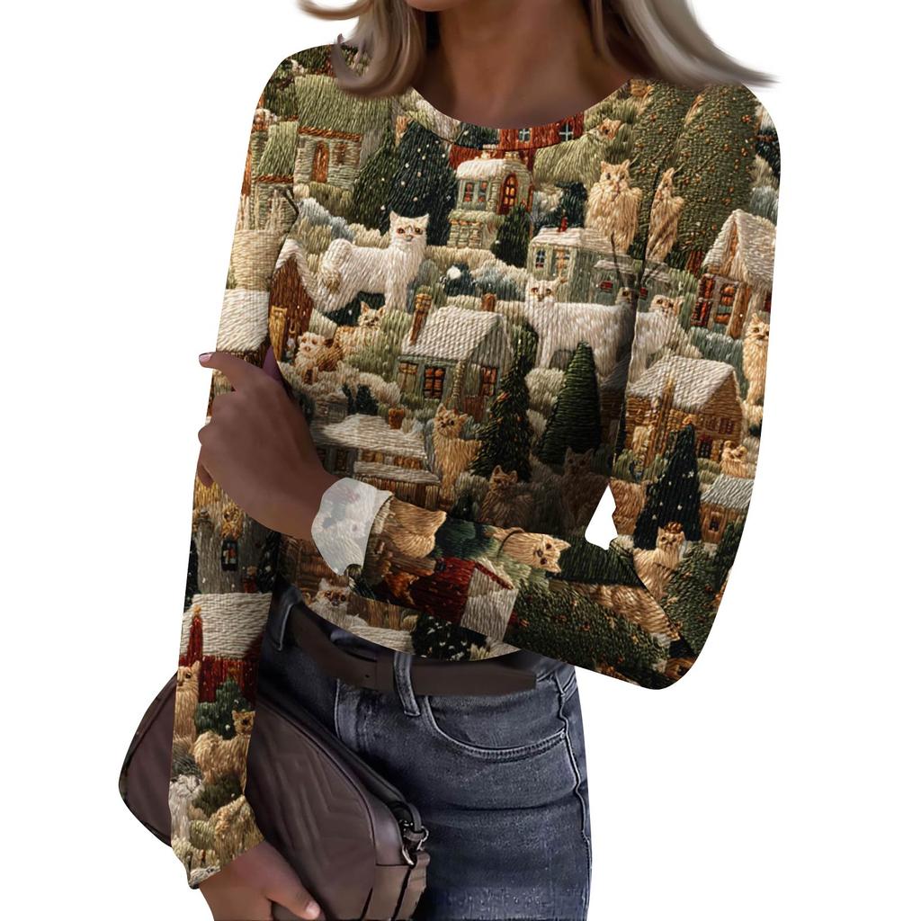 Camiseta de Fondo Delgado para Mujer Moda Casual Estampado Degradado Cuello Redondo Jersey Manga Larga Top