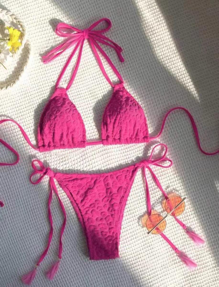 

2024 Сексуальный европейский и американский купальник-бикини с бандажной отделкой, женский комплект из двух частей L розовый